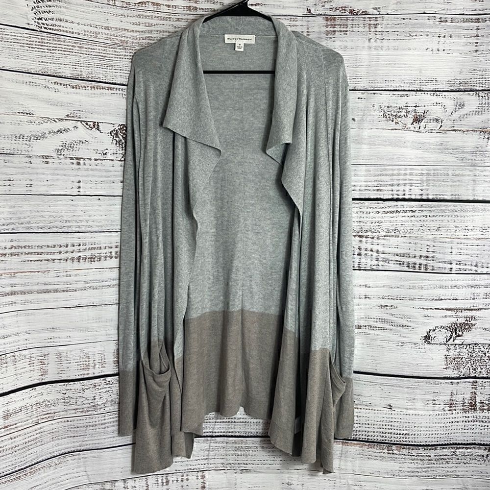 ‎White+Warren cardigan Womens Medium Cotton silk color block Knit minimalist